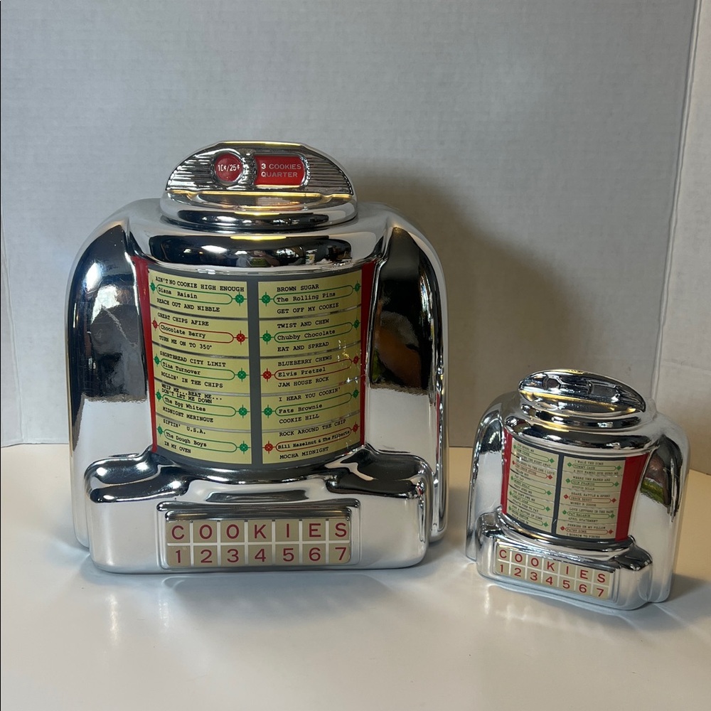 Vintage 1985 Vandor Ceramic Chrome Like Cookie Jar w/Lid & Matching Coin Bank